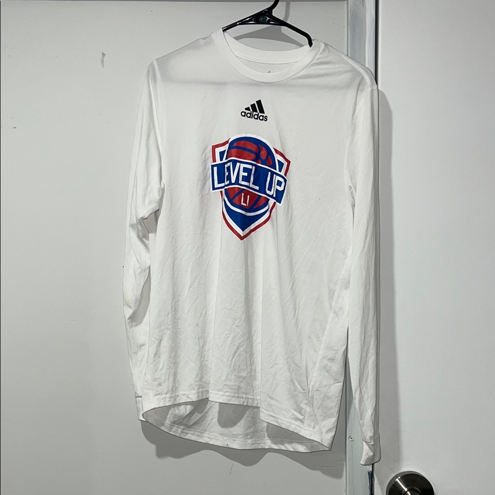 Adidas White Long Sleeve Tee with Blue and Red Graphic